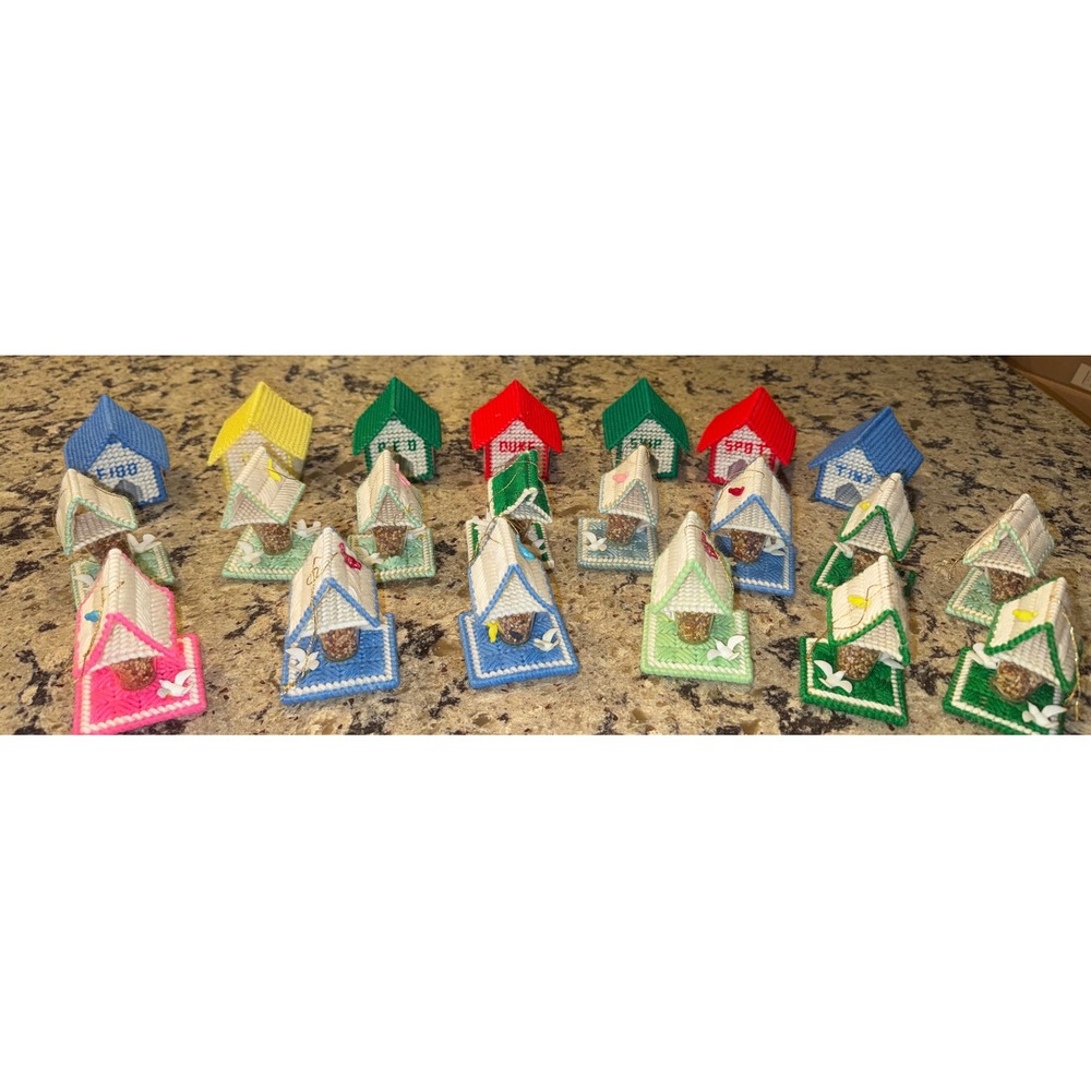 20pc Vintage Needlepoint Canvas Christmas Ornament Set Birdhouse Doghouse